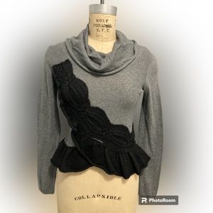 Anthropologie Moth Grey Mock Cowl Neck Peplum Sweater with Black detail Size XS